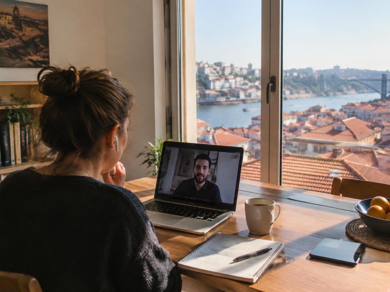 A student in a Porto apartment taking a live online Portuguese lesson on her laptop